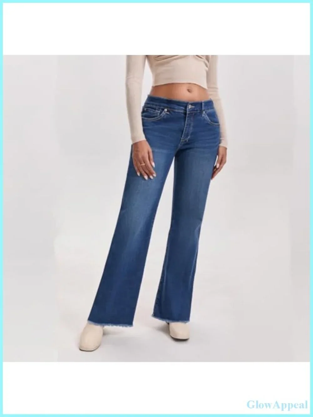 High Waisted Bootcut Jeans Wide Leg Stretchy Denim Pants Raw Hem - Picture 2 of 4